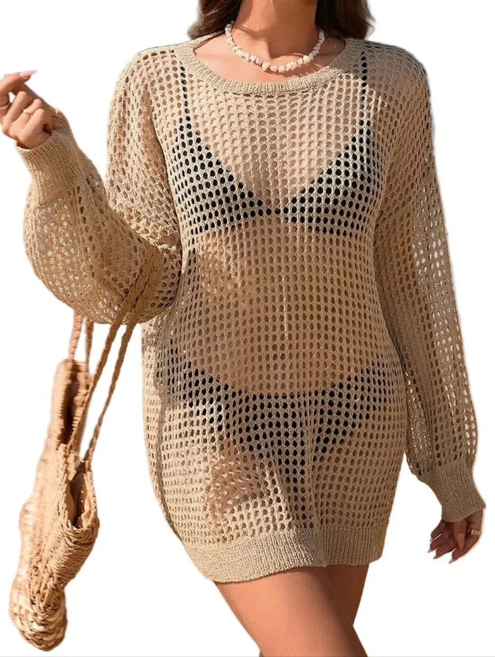 Cutout Back Mesh Crochet Openwork Swimwear Cover-Up Oversized Shirt Mini Dress